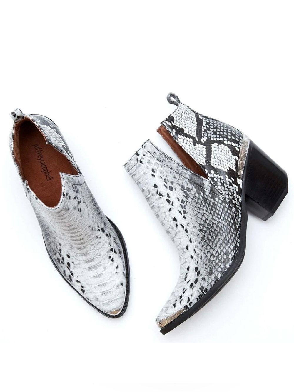 NWOB Jeffrey Campbell Cromwell White/Black Snake-Print Ankle Boots, Western, 9.5